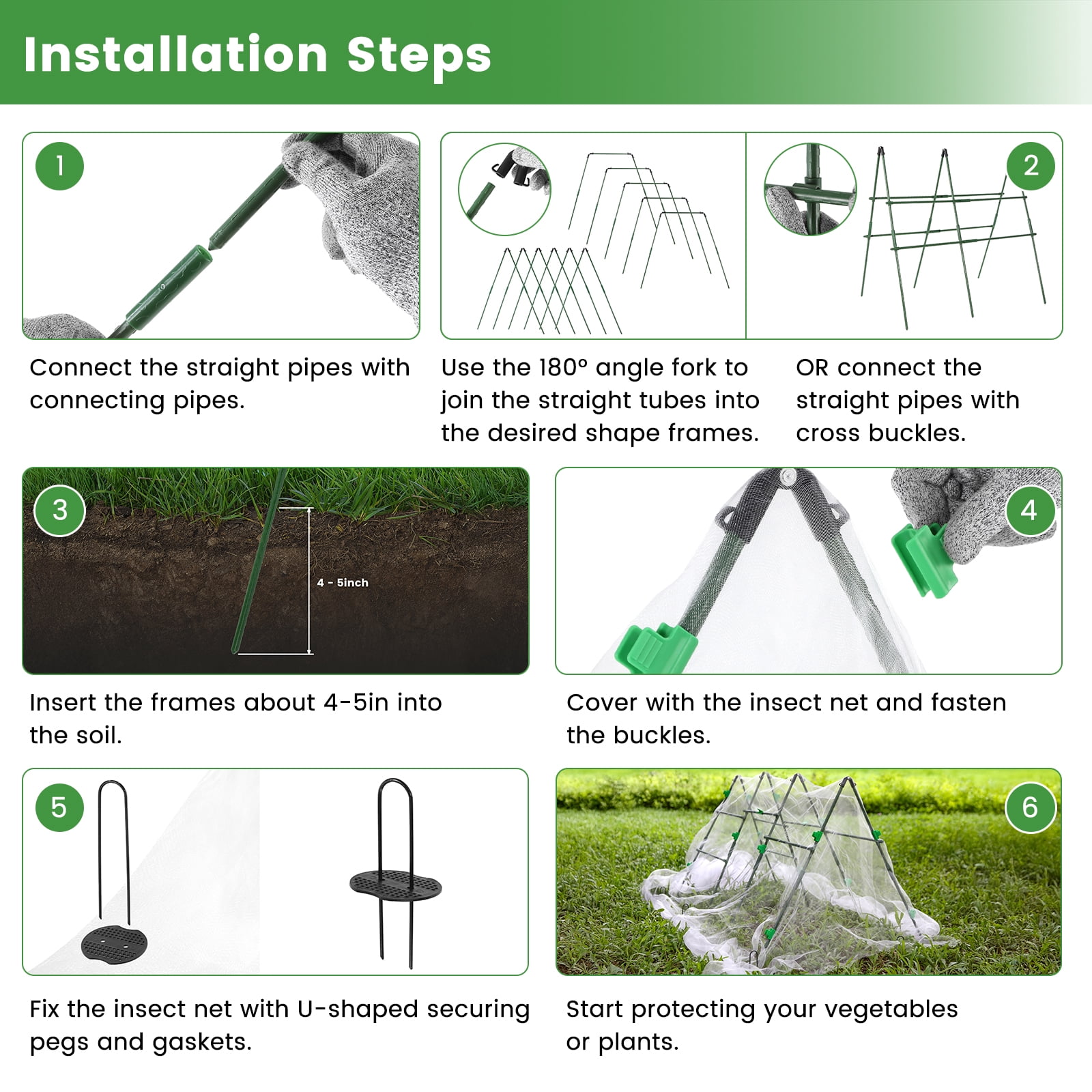 BEAMNOVA Garden Mesh Netting Kit with Support Pole - 8 x 24 ft Plant Cover with Bracket for Vegetable Fruits Flowers Vine Plants Climbing