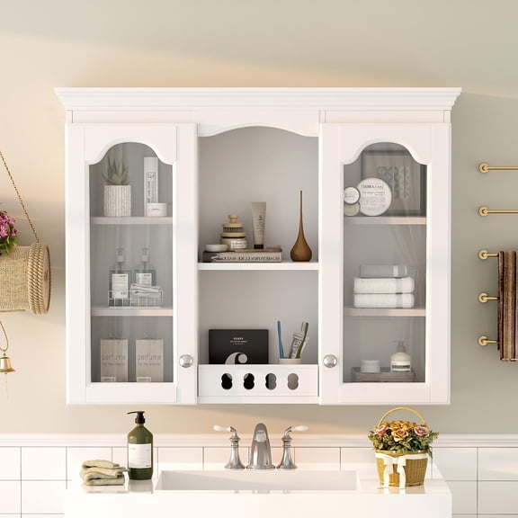 White Wall Mounted Cabinet with 2 Glass Doors – Over The Toilet Storage Cabinet, Retro Style Bathroom Wall Cabinet with Adjustable Shelf