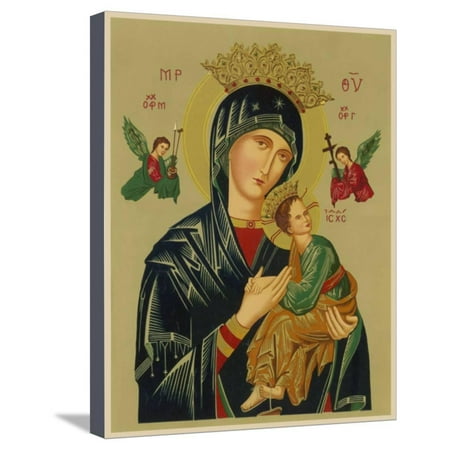 Angels Stretched Canvas - Mary and Jesus with Attendant Angels as Depicted in a Russian Icon Stretched Canvas Print Wall Art