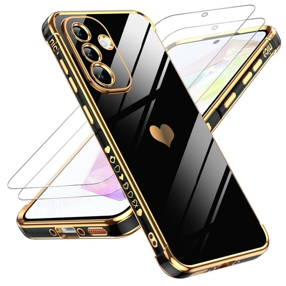 LeYi for Galaxy A36-5G Case: with Tempered Glass Screen Protector [2 Pcs]  Full Camera Lens Protection,Love Heart Plating Cute Luxury Shockproof Case for Samsung A36 5G, Cute Present for Mom, Black