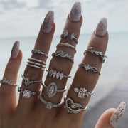 NAIERHG 15Pcs/Set Finger Ring Individuality Creative Alloy Different Patterns Rhinestone Rings for Daily Life