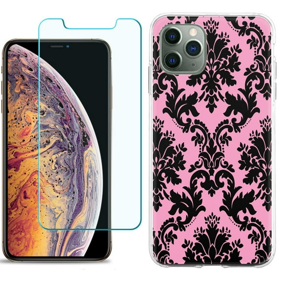 For Apple iPhone 11 Pro Case , Slim-Fit TPU Protective Phone Case with Tempered Glass Screen Protector, by OneToughShield ® - Victorian Pink/Black