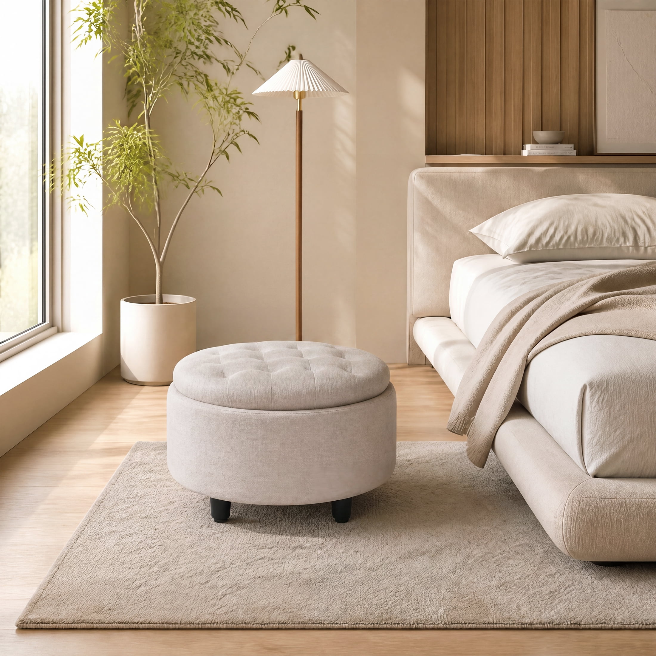 Beige Round Ottoman with Storage and Reversible Tray, Upholstered Fabric Footrest Coffee Table for Living Room, Bedroom, Entryway-25 Inch