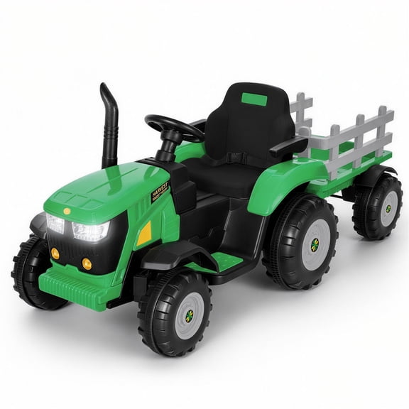 Alpha Joy 24V Powered Ride on Tractor with Detachable Trailer Electric Toy Car with Remote Control, Tippable Trailer, USB, Headlight, Bluetooth, 3 Speed Adjustable for Kids 3 , Green