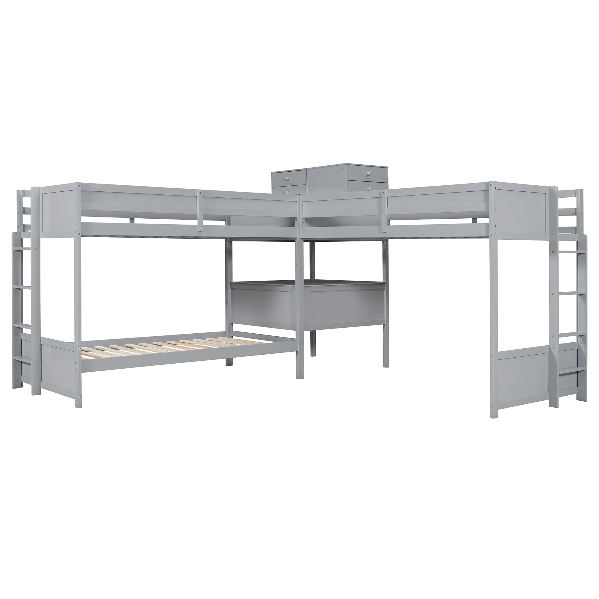 Mintazer Twin L-Shaped Triple Bunk Bed with Desk & Charging Station, Triple Bunk Bed with 4 Drawers & Guardrails for Kids Teen Bedrooms, Gray
