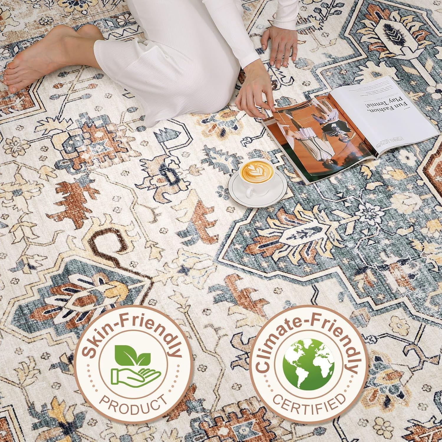 Toyoso 6x9 Area Rug Living Room Rug - Large Soft Machine Washable Boho Vintage Stain Resistant Floral Bedroom Rug Neutral Farmhouse Low Pile Distressed Carpet for Dorm Dining Room- Beige Blue