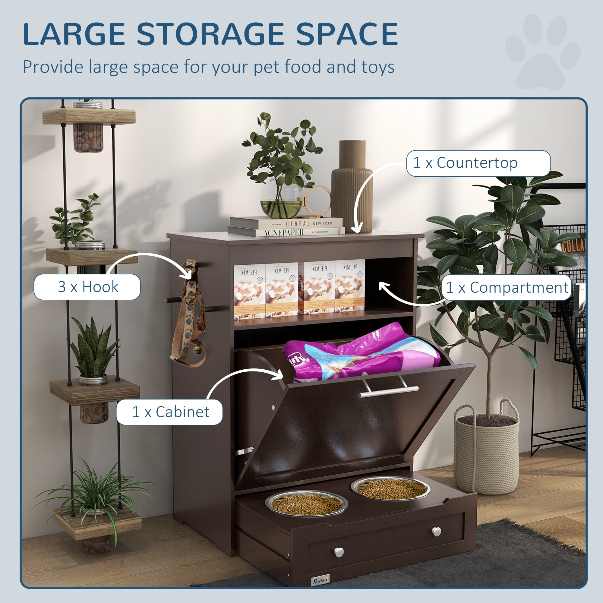 Dog Bed PawHut Pet Feeder Station, Storage Cabinet Dog Food Storage Container with Raised Dog Bowls and Hanger for Feeding & Watering Supplies, Brown,Large Dog Bed