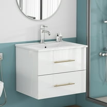 24 inch Wall-Mounted Bathroom Vanity with Sink Combo, Glossy White with Gold Handle, 2 Soft-Close Drawers, Ceramic Basin, Space-Saving for Small Bathroom, Powder Room​