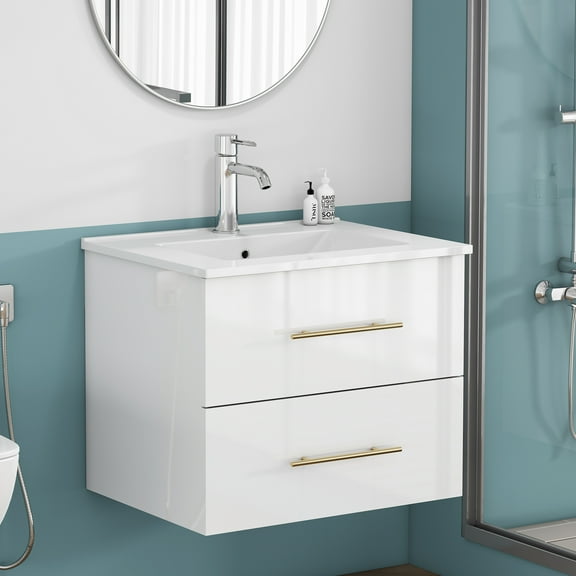 24 inch Wall-Mounted Bathroom Vanity with Sink Combo, Glossy White with Gold Handle, 2 Soft-Close Drawers, Ceramic Basin, Space-Saving for Small Bathroom, Powder Room​