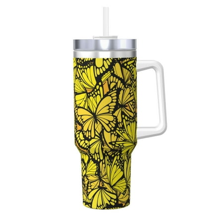 

Zeuib Yellow Butterflies Printed Insulated Stainless Steel Hot/Cold Coffee Cup 40oz Ice Bully With Handle Tumbler with Straw and Handle Insulated Water Bottle Travel Mug Cup