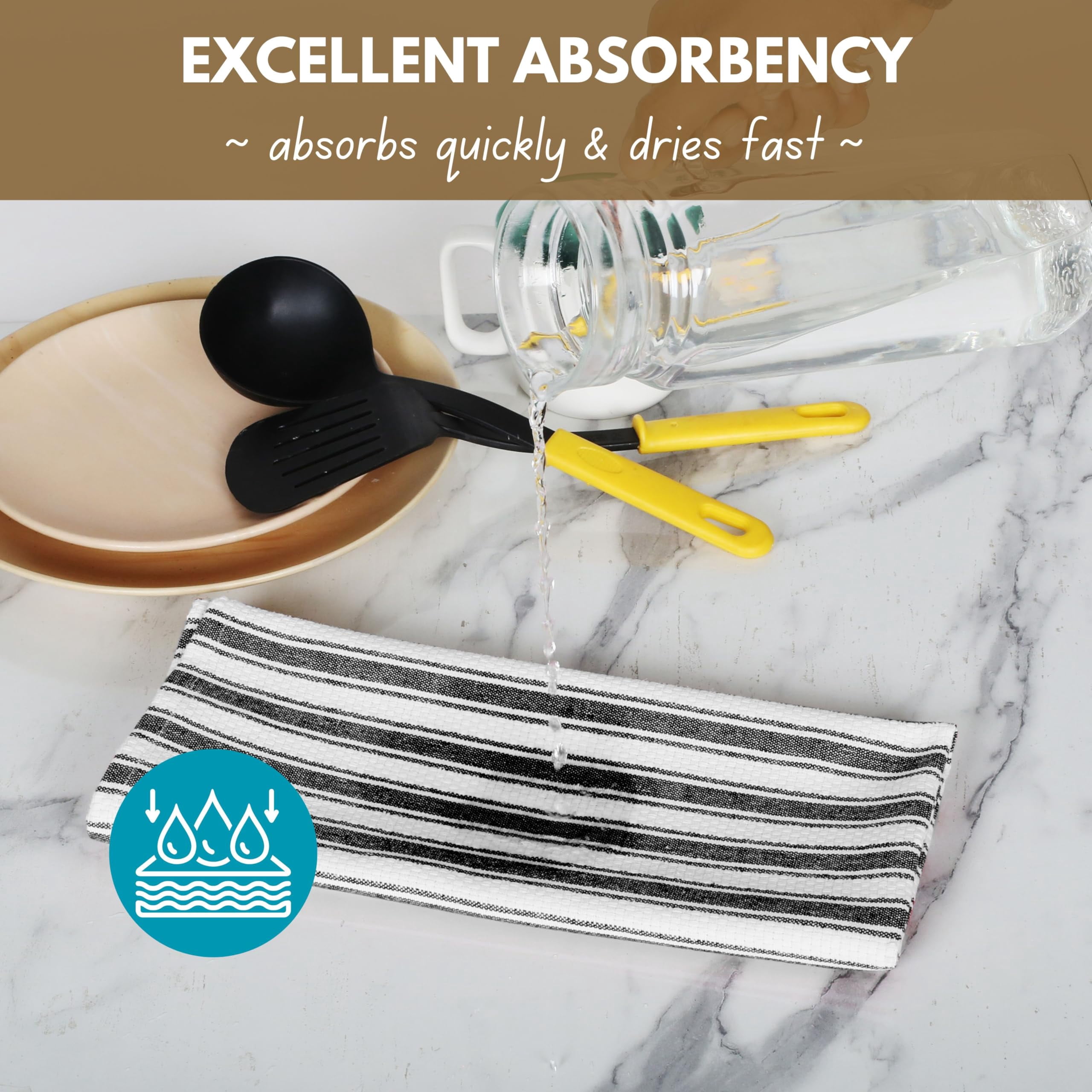 Native Fab Striped Kitchen Towels Set of 4, 100% Cotton, 16x26, Quick Dry Dish Cloths, Black White