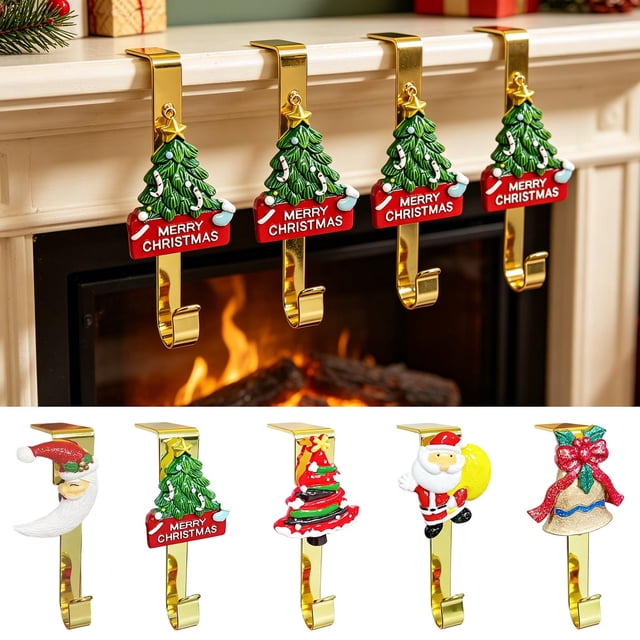 MTBLYS Ganchos para calcetines navideños para repisa de chimenea|Percha de metal resistente para colgar calcetines|coronas pequeñas|adornos|bastones de caramelo|mini guirnaldas|bolsas de regalo
