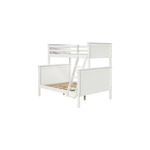 Twin Over Full Bunk Bed - White Solid Wood - Built-in Ladder - Modern Design