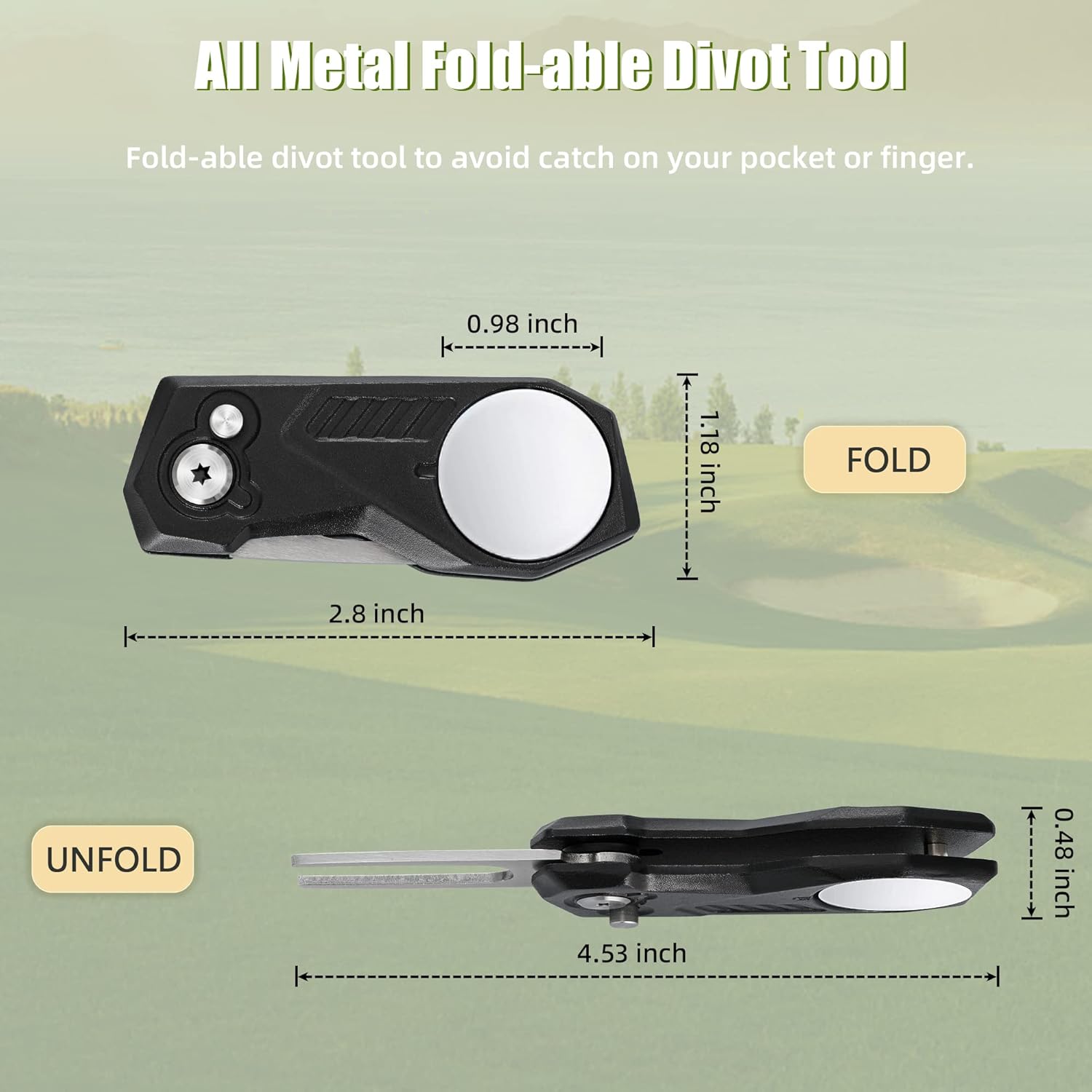 Golf Divot Repair Tool w Magnetic Golf Ball Marker | All Metal Foldable Divot Tool w Pop-up Button | Golf Accessories for Men