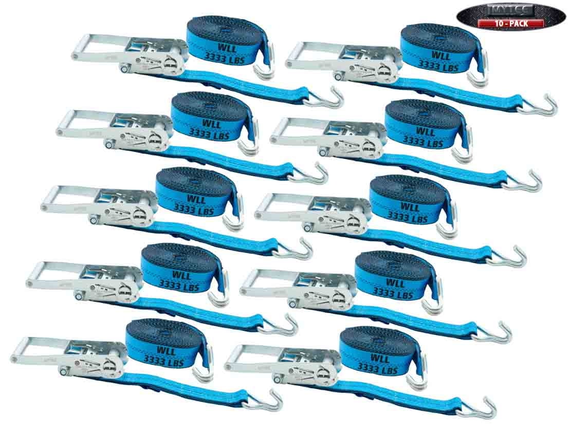 Mytee Products (10 Pack) 2 Inch x 27 FT Blue Ratchet Strap with J Hooks - 10,000 Lbs Breaking Strength - Heavy Duty Tie Down Cargo Truck Straps with Wire Hooks for Flatbed, Truck, Trailers Pickup