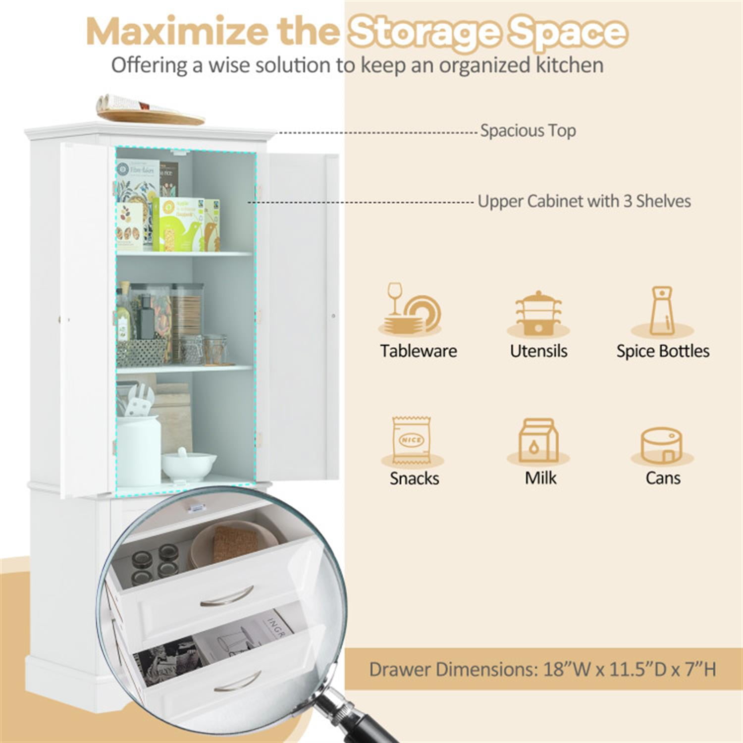 Demi Bonn 62" Tall Corner Cabinet Freestanding Bathroom Cabinet with Adjustable Shelves and 2 Drawers, Corner Cabinet for Bathroom, Kitchen, Living Room, White