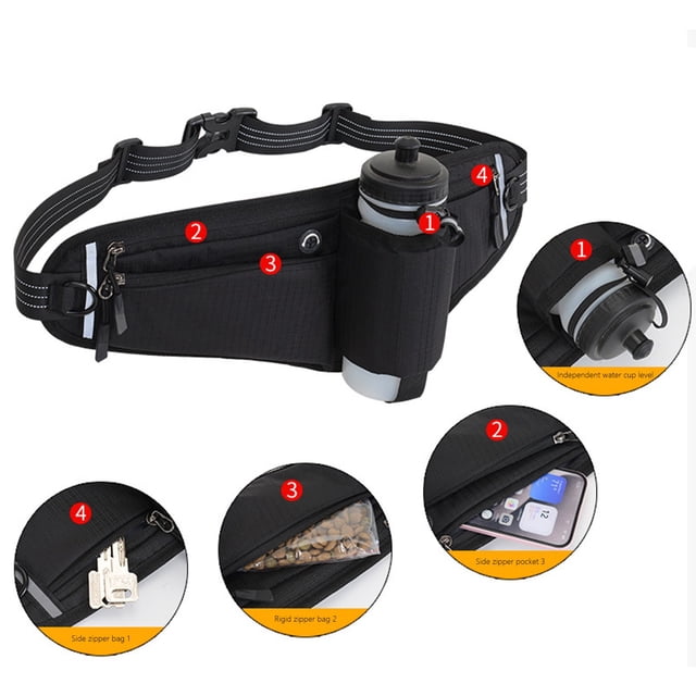 Fridja Sac Banane avec Porte-Bouteille d'Eau pour Hommes Femmes, Grand Sac Banane de Randonnée avec Ceinture à Sangle Ajustable pour Vélo Randonnée Promenade de Chien Extérieur, Sac Multifonction Noir
