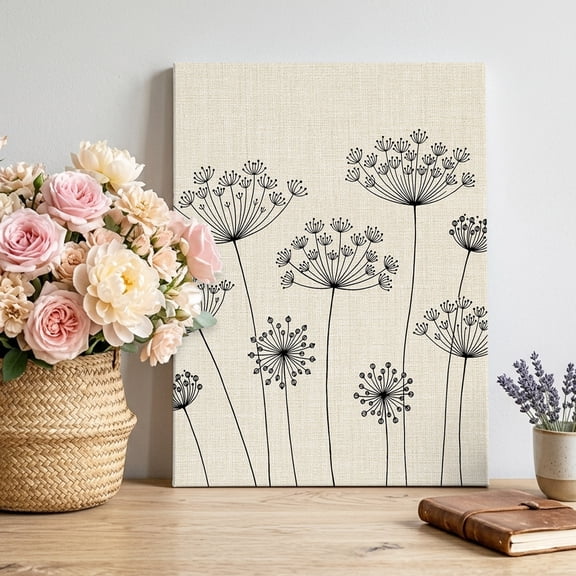 Canvas Wall Art Dandelion Canvas Art Print Spring Black Dandelion Floral Linen Texture Pictures Wall Decor for Living Room Bedroom Artwork Decorations Stretched Framed Ready to Hang 16"x20"