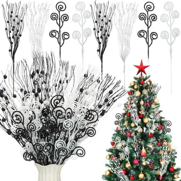 36 Pcs Red Green Christmas Tree Picks and Sprays Ornaments 17'' 12'' Artificial Flower Glitter Christmas Flower Berry Stem Stick Branches Filler Topper for Xmas Wreath Vase