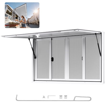 VEVOR Concession Window 60x36 in, Aluminum Alloy Service Window for Food Truck, Up to 85 Degrees Stand Serving Window with 4 Sliding Windows, Awning Door, and Drag Hook, for Concession Trailers