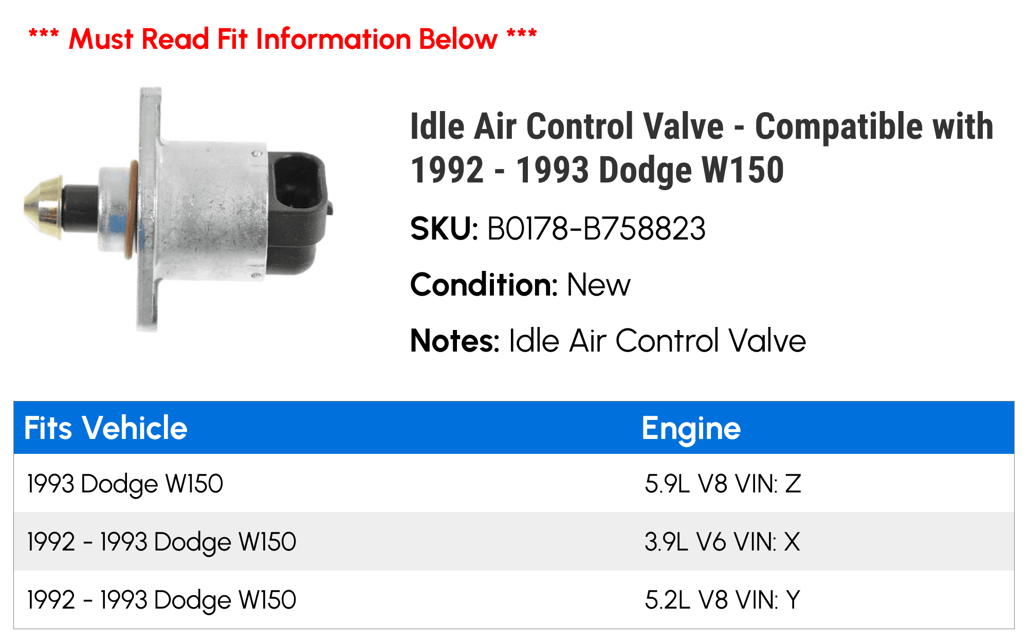 Idle Air Control Valve - Compatible with 1992 - 1993 Dodge W150