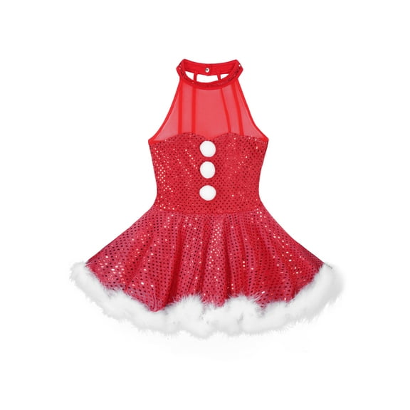 Aislor Girls Halter Sequin Ballet Dance Dress Christmas Mrs Claus Cosplay Costume Dancewear Red 12