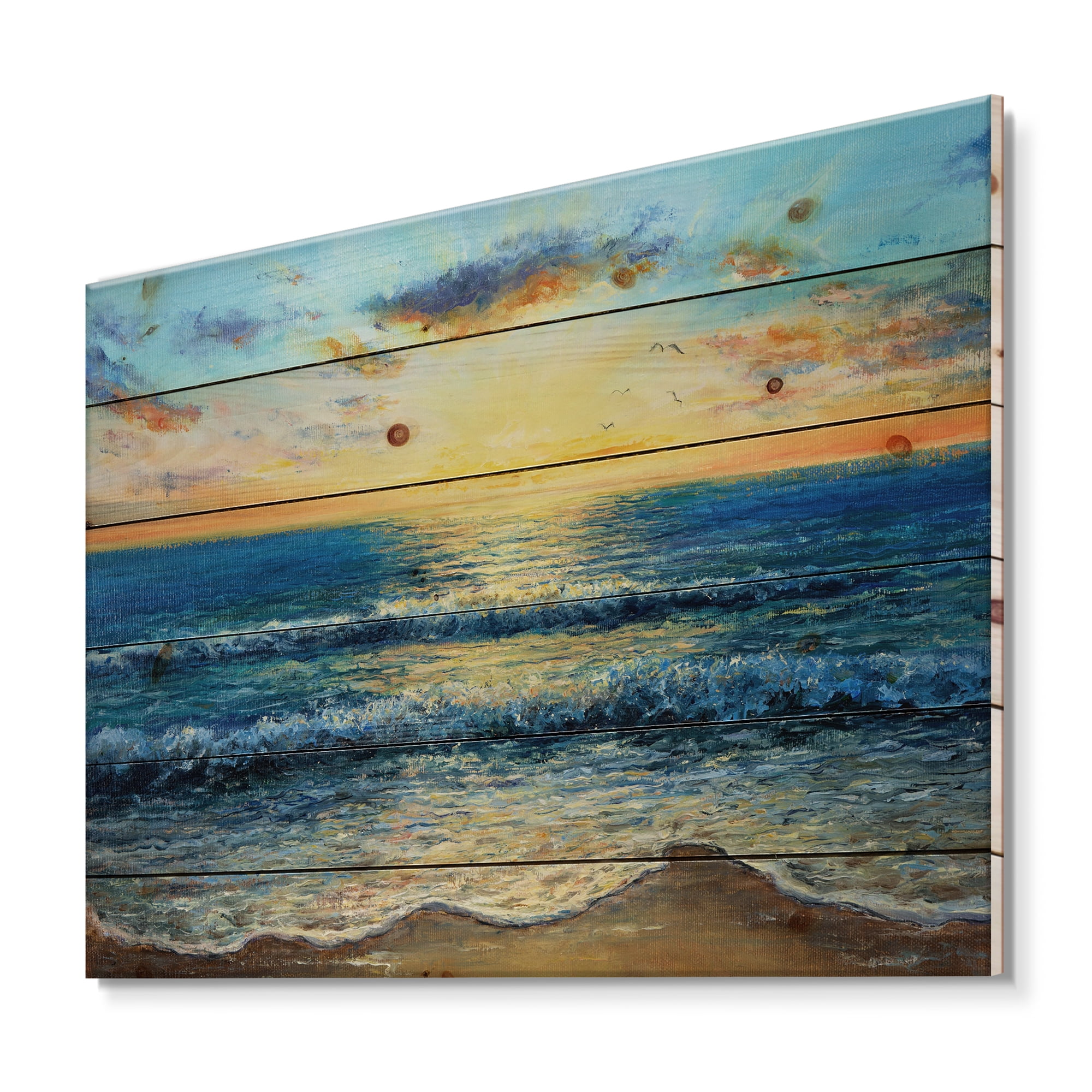 Designart 'Sunrise Glow On The Ocean Waves I' Nautical & Coastal Print on Natural Pine Wood