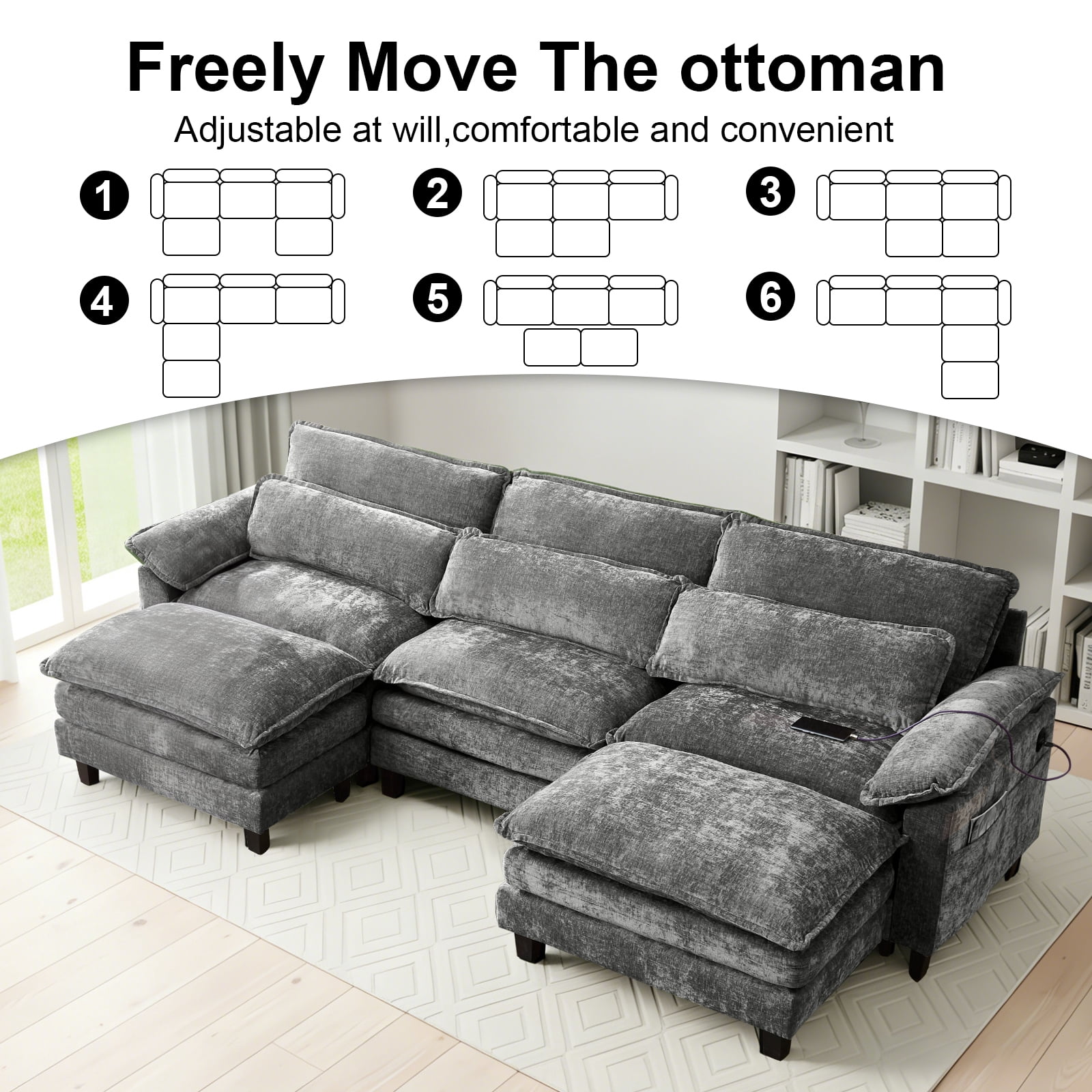 113'' Modular Sectional Sofa,U Shaped Couch with Movable Ottoman, Convertible Sectional Couches with Deep Seat, 3 Seat for Living Room Comfy Cloud Sofa with USB Side Pockets & Charging(Grey)