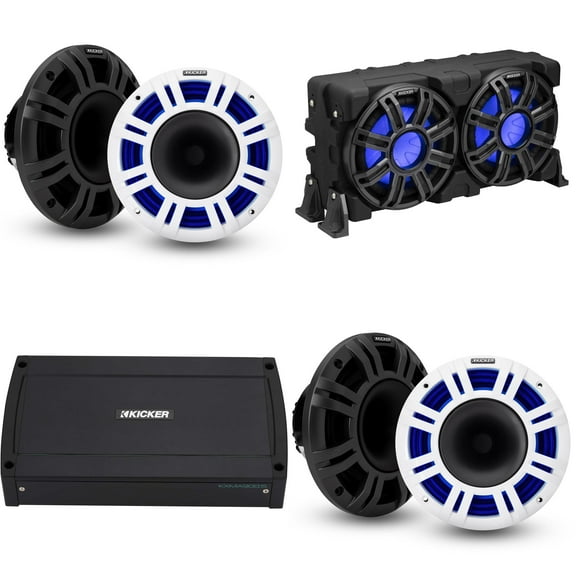 Kicker Marine (2) 48KMXL8 Horn Loaded 8", KXMA900.5 5 Channel Amp & 51MWLE104 10" Loaded Enclosure, LED Marine Audio Upgrade