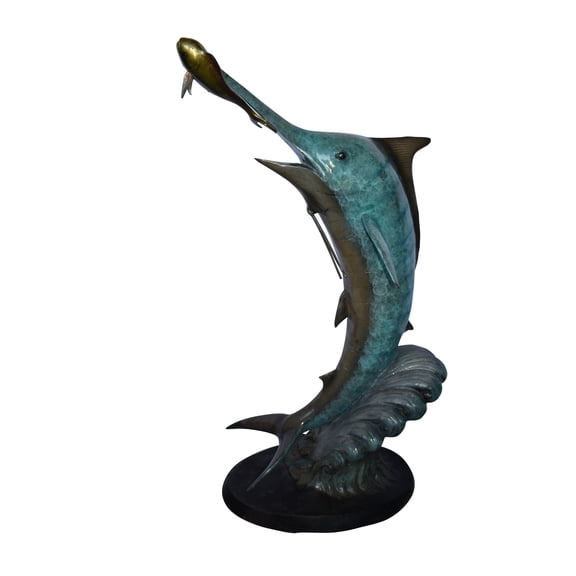 Nifao Marlin Fish Catching A Small Fish in Action Bronze Statue – Garden Outdoor Decor Sculpture, 28"L x 16"W x 50"H