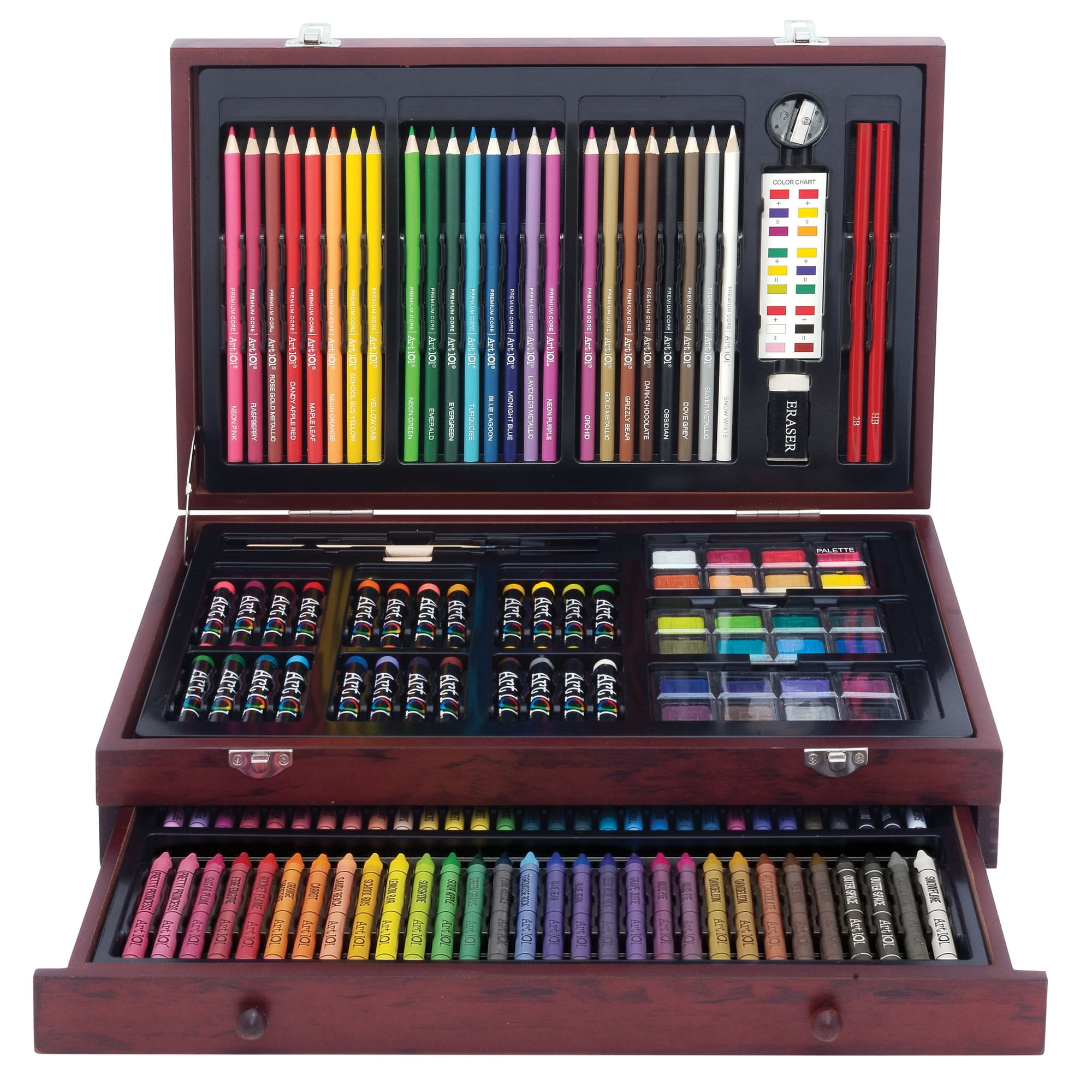 Art 101 Doodle and Color 142 Piece Beginners Art Set in a Wood Carrying Case for Children