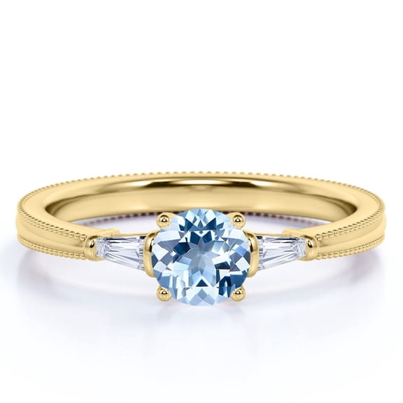 JeenMata 1.10 carat Round Sky Blue Created Aquamarine 3 Stone Simple Engagement Ring in 18k Yellow Gold over Silver