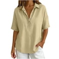 thumbnail image 4 of HongQid Short Sleeve Collared Henley Cotton Shirt for Women Partial Button Placket Drop Shoulder Loose Curved Hem Breathable Woven Casual Tunic, 4 of 6