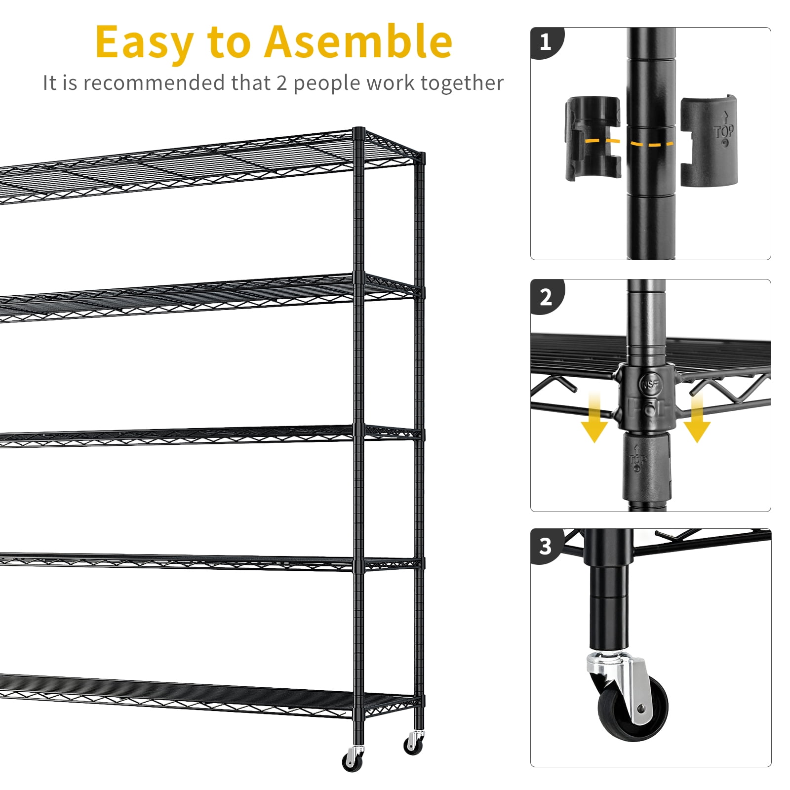 5-Tier Adjustable Iron Shelving Unit with Lockable Casters, Black, 46.85 x 18.50 x 72.83 in
