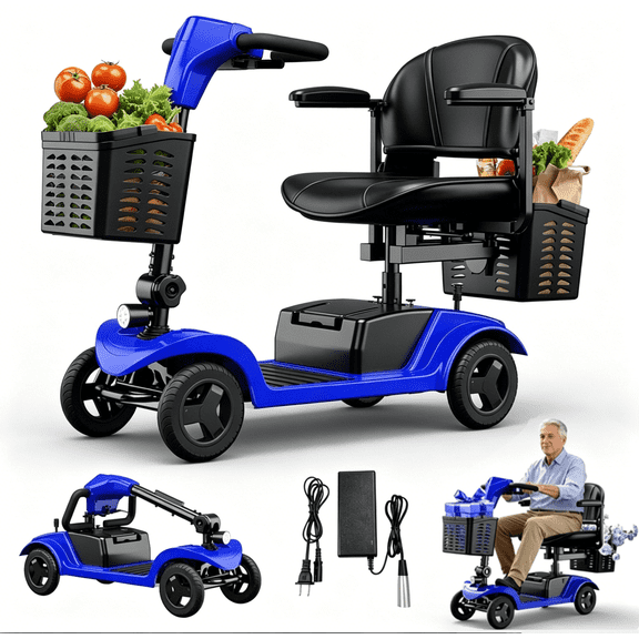 12Ah 15 Miles Electric Senior Mobility Scooter, 300W Motor 300lbs Capacity Travel Scooter with Dual Baskets, blue