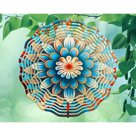 10 Inch Watercolor Teal & Orange Flowers Hanging Wind Spinner Yard Decor Aluminum Sublimated Garden Art Indoor Outdoor 3D Kinetic …