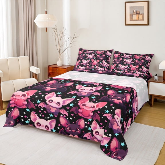 Feelyou Kawaii Pink Bat Twin Sheet Sets for Kids, Magic Romantic Animal Twin Fitted Sheet, Cartoon Stars Print Flat Sheet, Microfiber Bedroom Decor, 3pcs