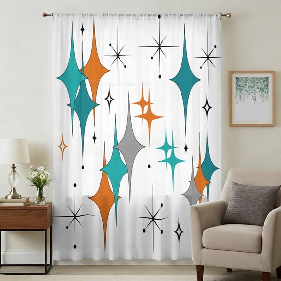 Boho Middle Century Sheer Curtains 54 Inches Long, Retro Orange Teal Grey Star Rhombus Light Filering Curtains, Breathable Simi Curtain Privacy Drapes for Kitchen Bathroom Small Window Treatment