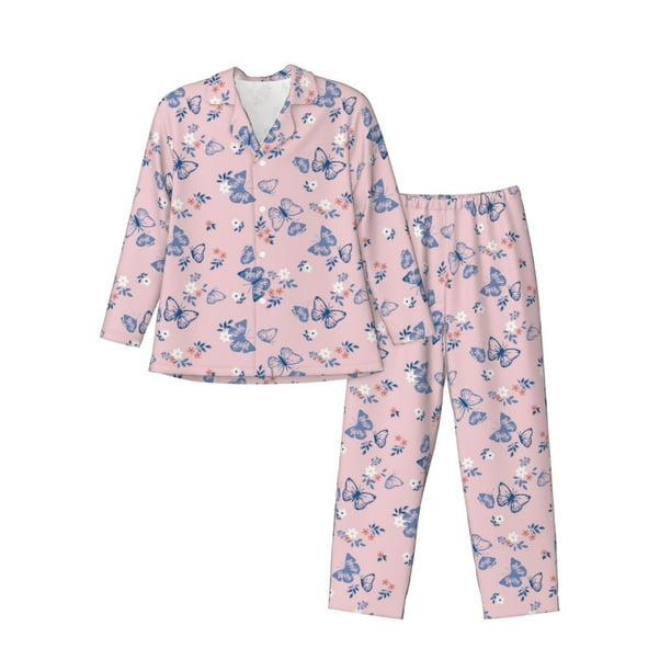 Balery Butterfly Pijama para Hombre de Dos Piezas con Manga Larga, Conjunto de Dormir y Descanso Suave con Bolsillos-Small
