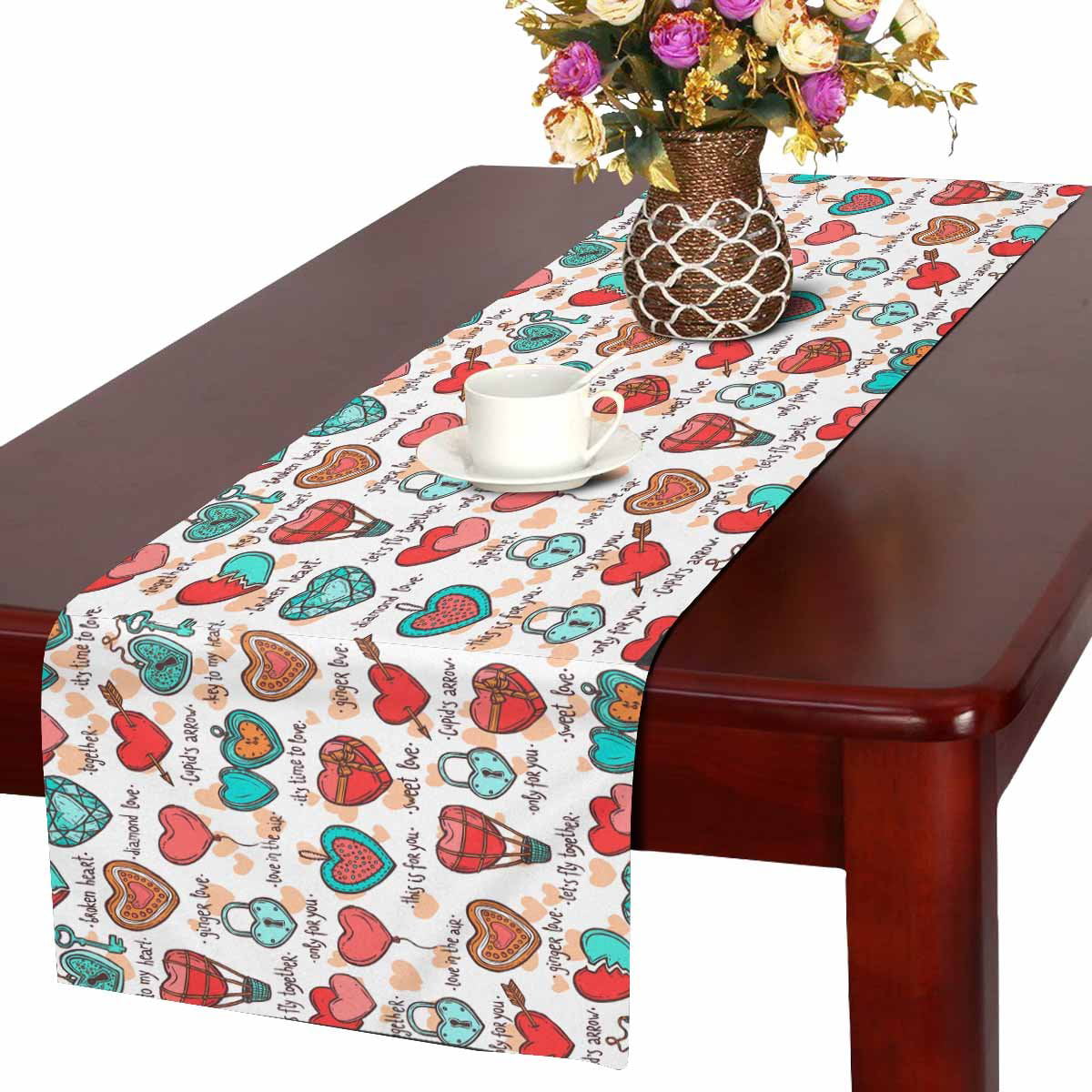 Table Runner with Placemats Set of 6 Heart Arrow Placemats Love You Non-Slip Washable Kitchen Table Mats for Family Dining Table Parties， 16 x 72 inches 