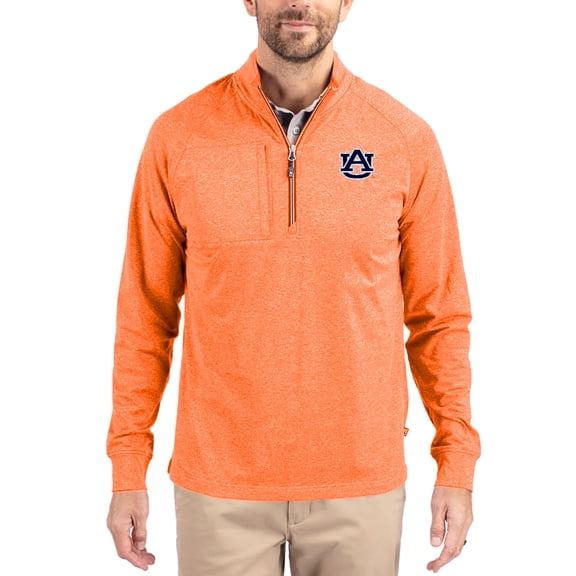 Women's-Cutter & Buck Heather Orange Auburn Tigers Adapt Eco Knit Stretch Recycled DryTec Raglan Quarter-Zip Pullover