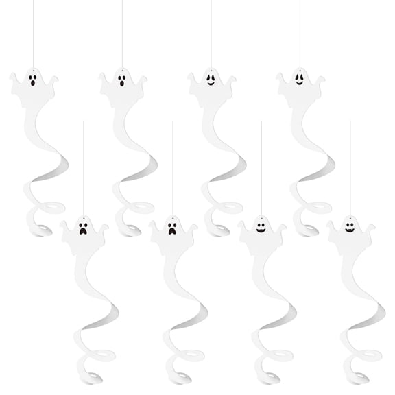 CSSJKYJ 8‑Pcs Halloween Ghost Hanging Swirls Ceiling Streamers 15.8 Inch Spooky Horror Party Atmosphere, Indoor Outdoor Home Office, White Spiral Ghost Cutouts, Easy Ceiling Hanging Decor