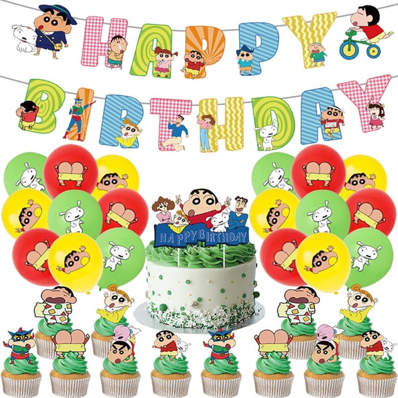 Kids Crayon Shin-chan Cartoon Theme Birthday Party, HAPPY BIRTHDAY Balloon Banner Cake Toppers Set