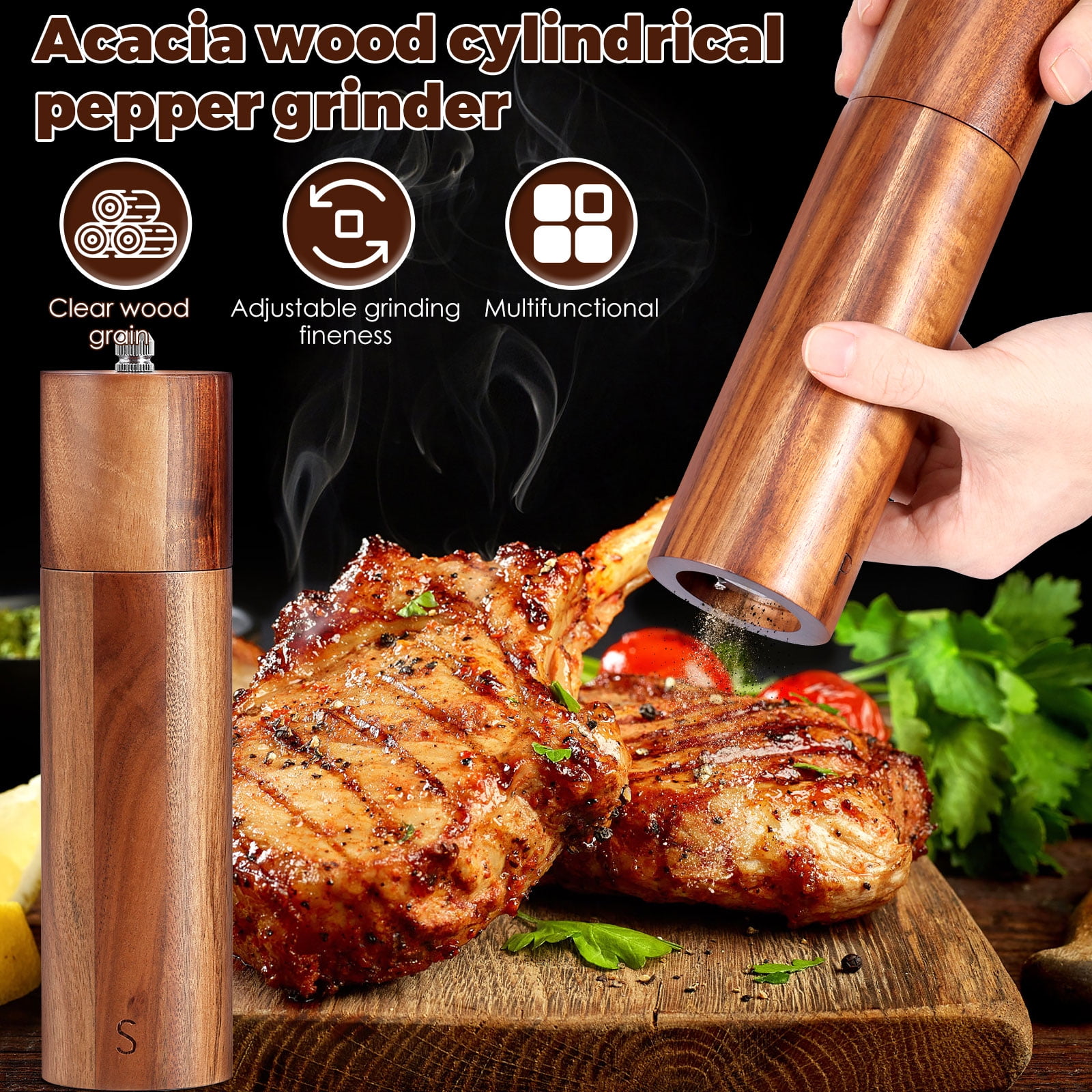 2Pcs Wooden Salt Mill Shaker Ergonomic Adjustable Coarseness Manual Pepper Grinder for Peppercorn Chili Flake Dried Herb