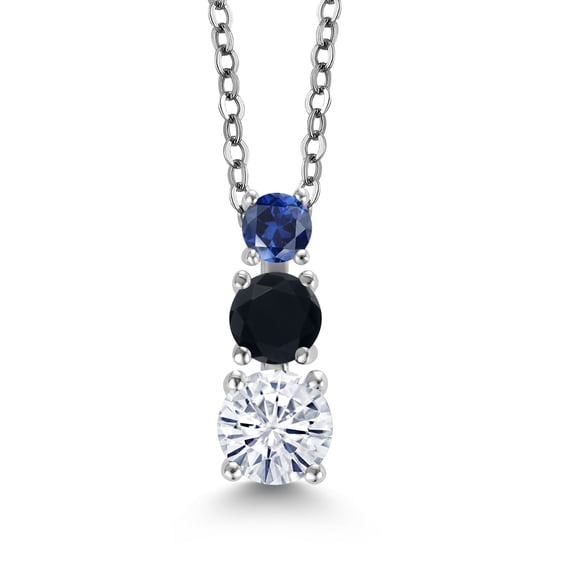 Gem Stone King White Moissanite Black Onyx Blue Created Sapphire 3 Stone Pendant Necklace for Women (0.86 cttw, Gemstone Birthstone, Round 5MM, 4MM and 3MM, with 18 inch Chain)
