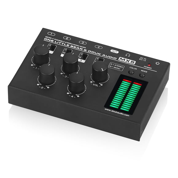 Douk Audio MX5 4 Channel Audio Mixer 4-CH Line-Mixing Mono Stereo Ultra Low-Noise LED Level Meter