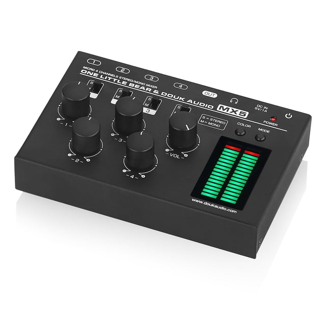 Douk Audio MX5 4 Channel Audio Mixer 4-CH Line-Mixing Mono Stereo Ultra Low-Noise LED Level Meter