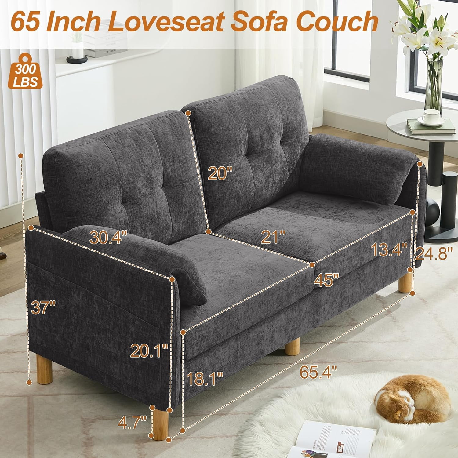 65" Chenille Loveseat Sofa, Modern 2-Seater Love Seat Couch with Armrest Pillows,Upholstered Tufted Loveseat Couches for Living Room Bedroom, Dark Grey