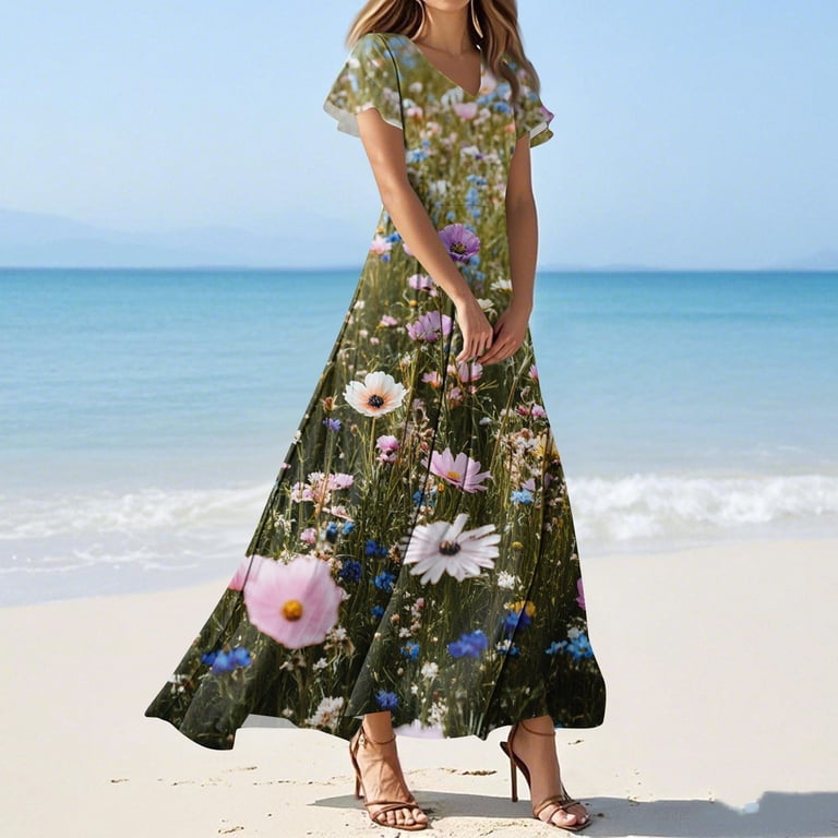 NAMTYQX Summer Wedding Guest Dress Short Sleeve High Waist Floral Chiffon Wedding  Guest Dresses for Women Dark Green Size S - Walmart.com