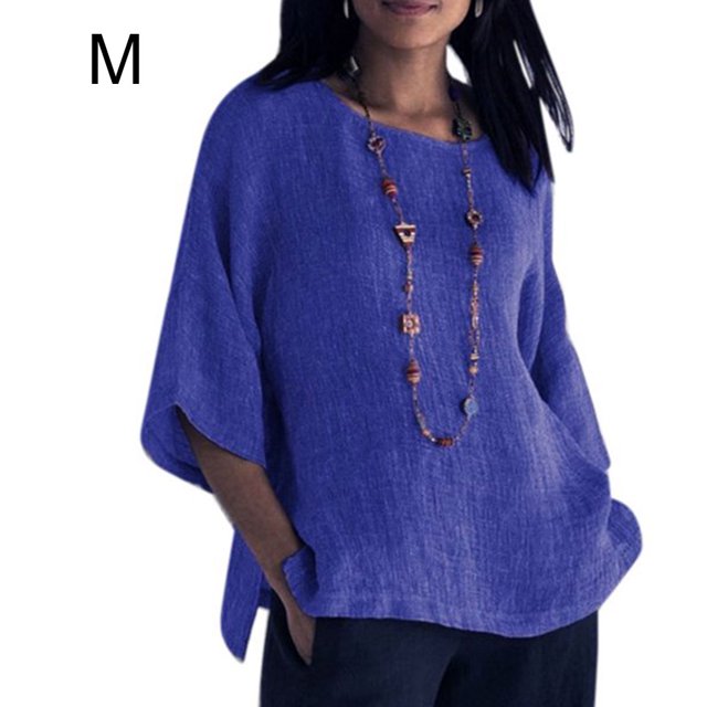 Ropa De Mujer Camisa De Cuello Redondo De Manga 3/4 Top Casual De Lino De Algodón, Azul, M kenally AP002239-34
